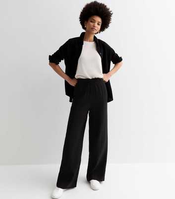 Tall Black Crinkle Textured Wide Leg Trousers