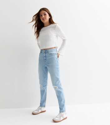 Girls Pale Blue High Waist Ripped Knee Mom Jeans