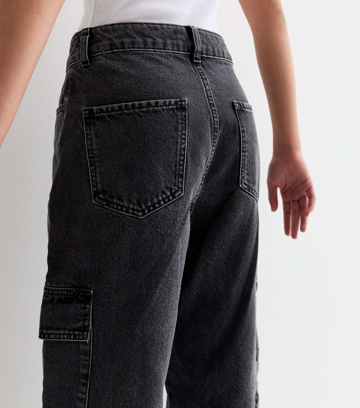 Girls Black High Waist Wide Leg Cargo Jeans Image 4