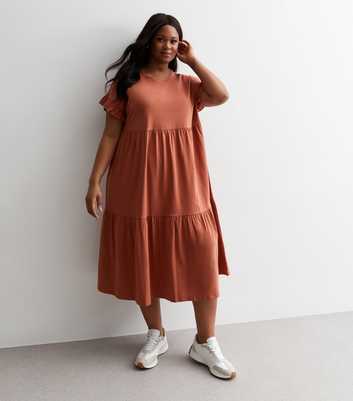 Curves Rust Cotton Tiered Midaxi Dress