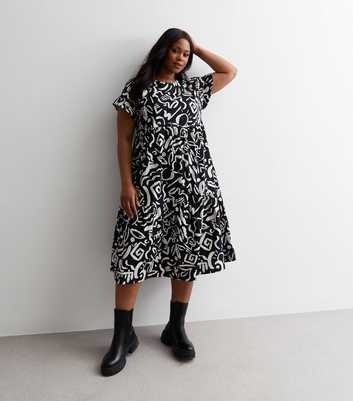 Curves Black Graphic Print Cotton Tiered Midi Dress