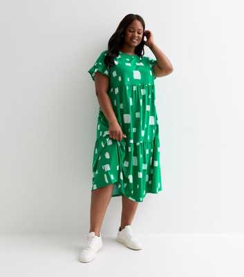 Curves Green Brush Stroke Print Midi Smock Dress