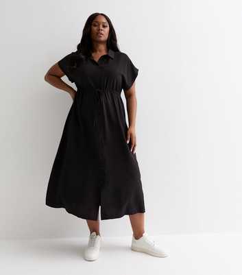 Curves Black Short Sleeve Drawstring Midi Shirt Dress