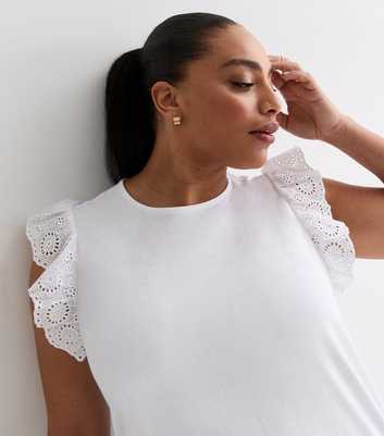 Curves White Embroidered Frill Sleeve T-Shirt