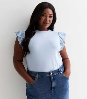 Curves Blue Broderie Frill Sleeve T-Shirt