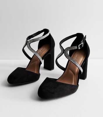 Wide Fit Black Suedette Diamanté Twist Block Heel Court Shoes