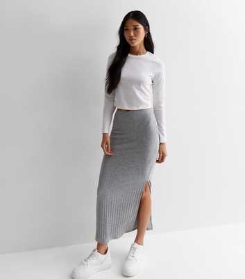 Pale Grey Ribbed Jersey High Waist Midi Skirt