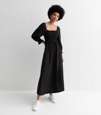 Tall Black Square Neck Shirred Midi Dress