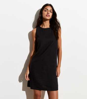 Black Linen Blend Open Back Mini Dress