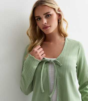 Petite Light Green Ribbed Tie Front Cardigan