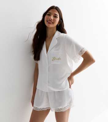 White Satin Short Pyjama Set with Bride Logo