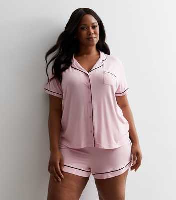 Curves Pale Pink Short Pyjama Set with Piping Trim