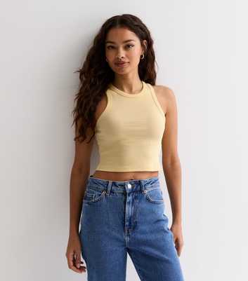 Petite Pale Yellow Ribbed Crop Racer Vest