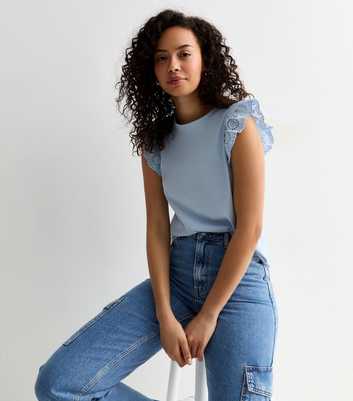 Tall Blue Cotton Frill Sleeve Top