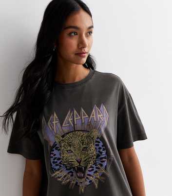 Dark Grey Acid Wash Cotton Def Leppard Oversized Logo T-Shirt