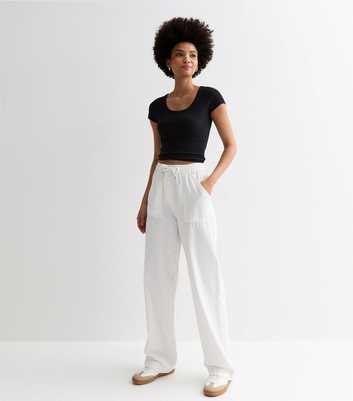 Tall White Cotton Twill Elasticated Wide Leg Trousers