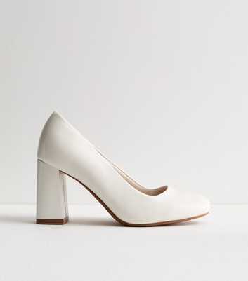 Wide Fit White Leather-Look Rounded Block Heel Court Shoes