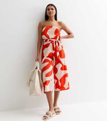 Red Abstract Print Bandeau Wide Leg Crop Beach Jumpsuit