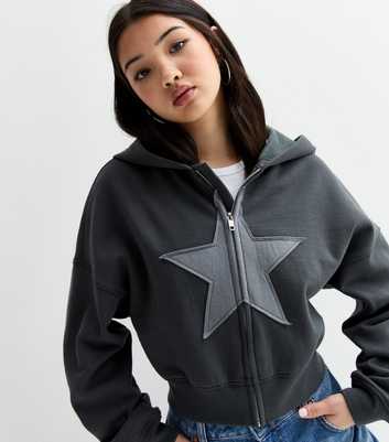 Girls Grey Embroidered-Star Zip Hoodie 
