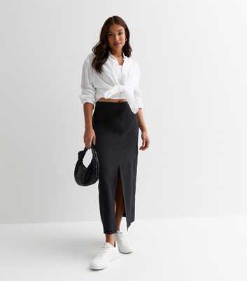 Petite Black Linen Blend Split Front Midi Skirt