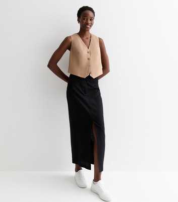 Tall Black Linen Blend Split Front Midi Skirt
