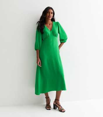 Green Satin V Neck Midi Dress