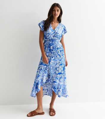 Blue Abstract Print Shirred Waist Midi Dress