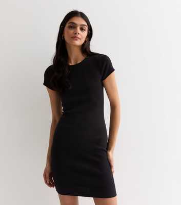 Black Ribbed Short Sleeve Mini Dress