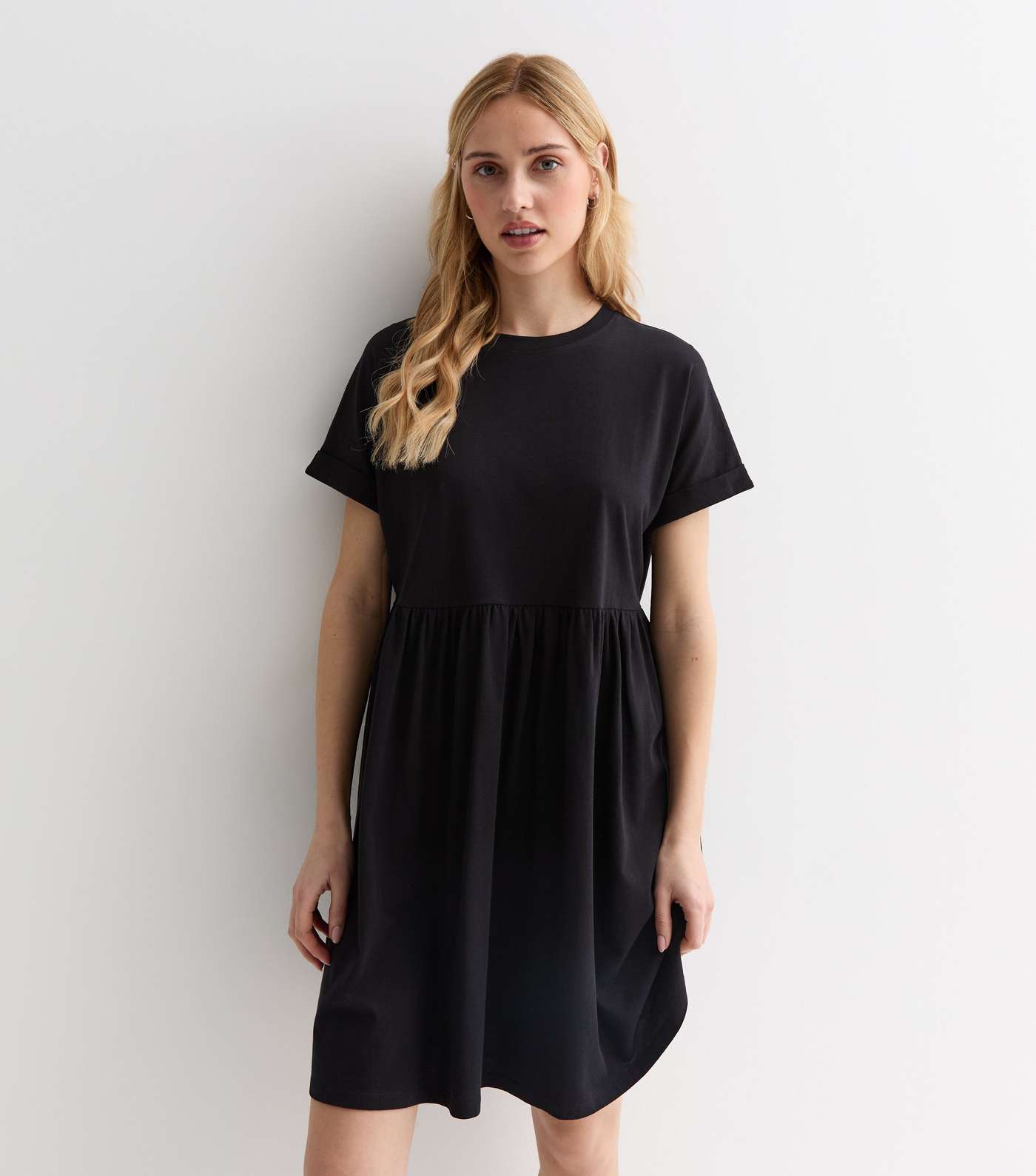 Black Cotton Short Sleeve Mini Smock Dress Image 3