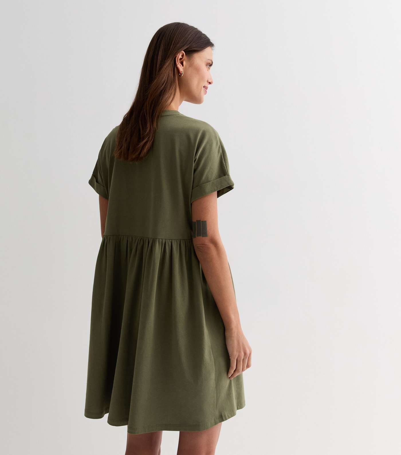 Khaki Cotton Short Sleeve Mini Smock Dress Image 4