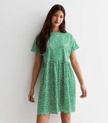 Green Cotton Spot Print Mini Smock Dress