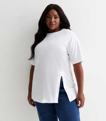 Curves White Cotton Split Hem T-Shirt