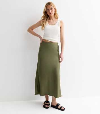 Olive Satin Bias Cut Midi Skirt