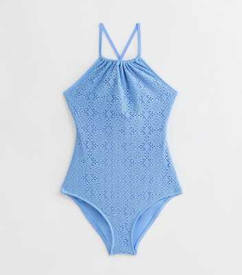 Girls Blue Crochet Halter Swimsuit