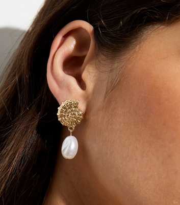 Gold Shell Faux Pearl Drop Earrings