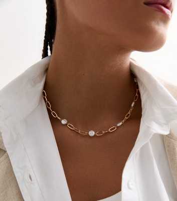 Gold Faux Pearl Link Chain Necklace