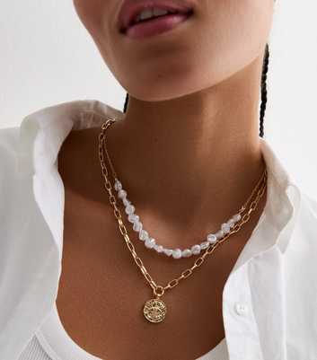 Gold Irregular Faux Pearl and Disc Necklace