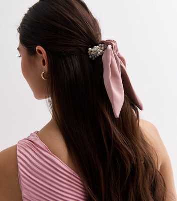 Pink Satin Bow and Faux Pearl Scrunchie 