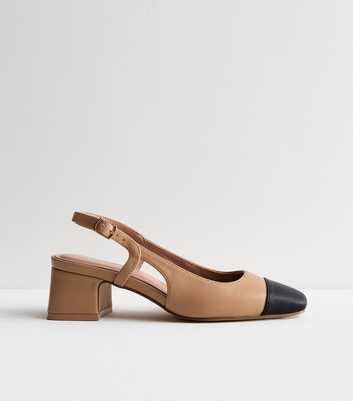 Camel Leather-Look Slingback Block Heel Court Shoes