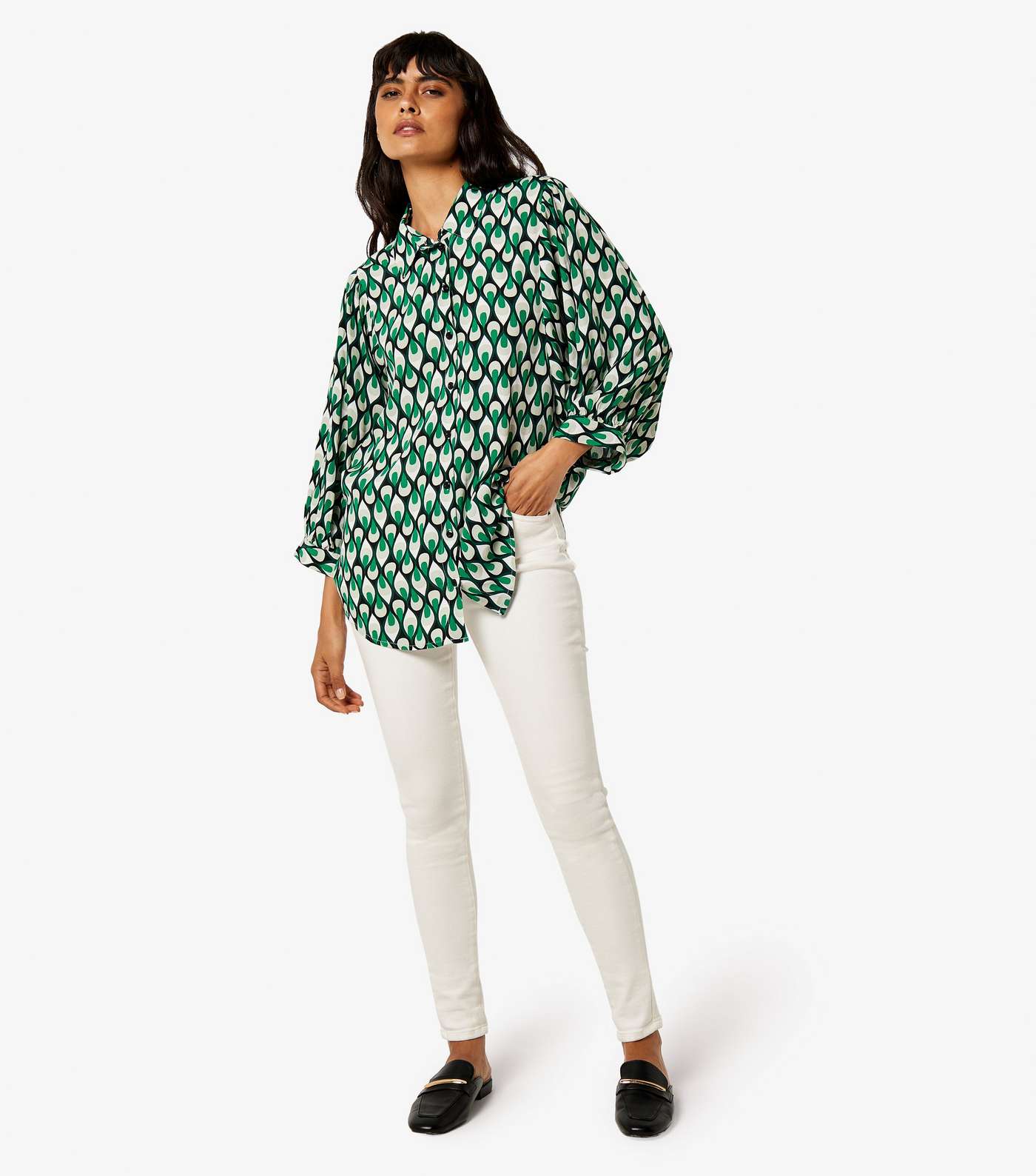 Apricot Green Geometric Print Long Sleeve Shirt Image 2