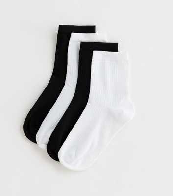 4 Pack Black and White Ribbed Ankle Socks