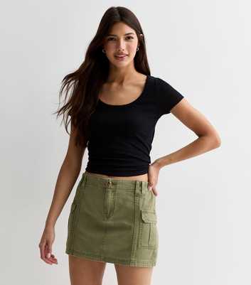 Khaki Denim Mini Cargo Skirt