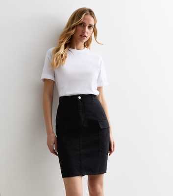 Black Denim High Waist Knee Length Cargo Skirt 