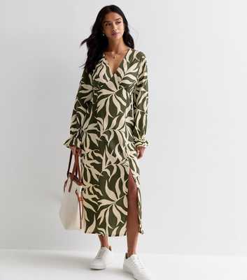Petite Green Leaf Print V Neck Midi Dress