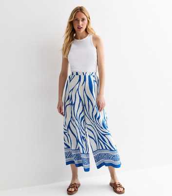 Blue Abstract Print High Waist Wide Leg Crop Trousers