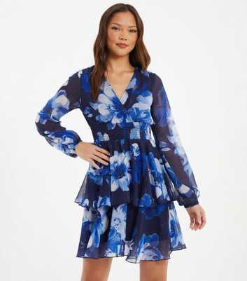 QUIZ Blue Floral Chiffon Wrap Mini Dress