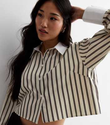 White Stripe Contrast Detail Crop Shirt