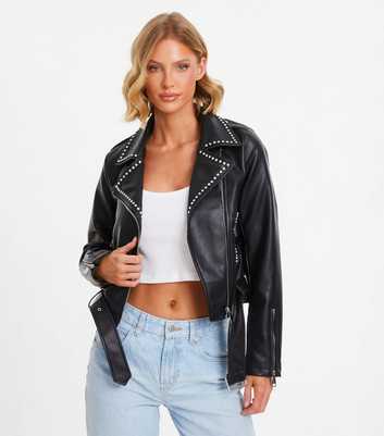 QUIZ Black Leather-Look Biker Jacket