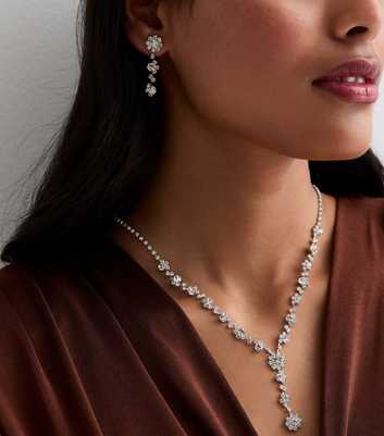 Silver Diamanté Flower Earrings and Necklace Set