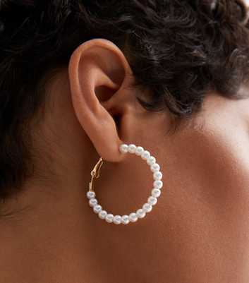 Gold Faux Pearl Hoop Earrings